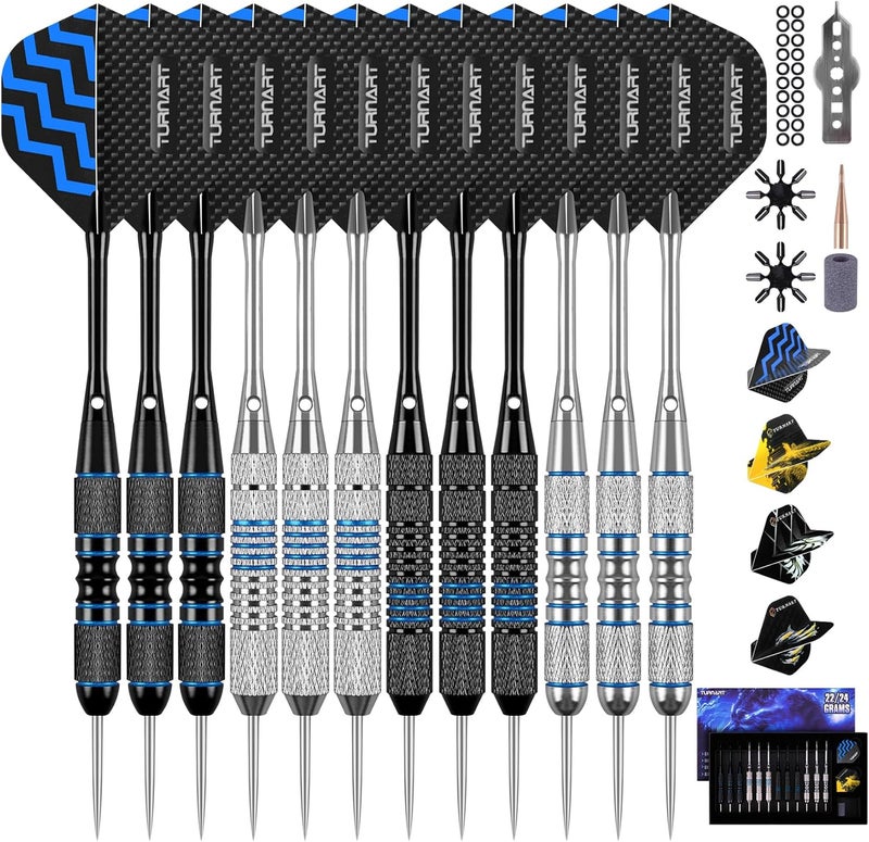 Turnart Darts Metal Tip Set - Steel Tip Darts Darts Set Professional Metal Darts 12 pcs 22/24 Grams Pro Dart Set with Stylish Case Aluminum Shafts Extra 9 Flights - Image 1